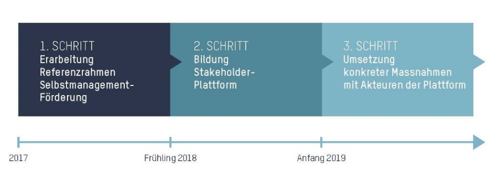 2017: 1. Schritt, Erarbeitung Referenzrahmen. Frühling 2018: 2. Schritt, Bildung Stakeholder-Plattform. Anfang 2019: 3. Schritt, Umsetzung konkreter Massnahmen